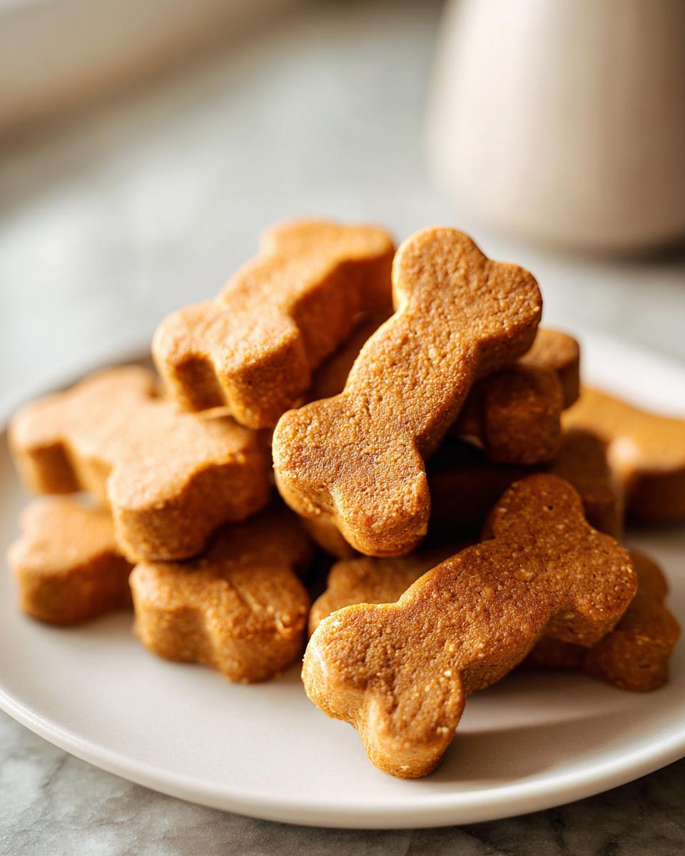 Close-up of a stack of bone-shaped Pumpkin Peanut Butter Cut-Out Dog Biscuits on a white plate.