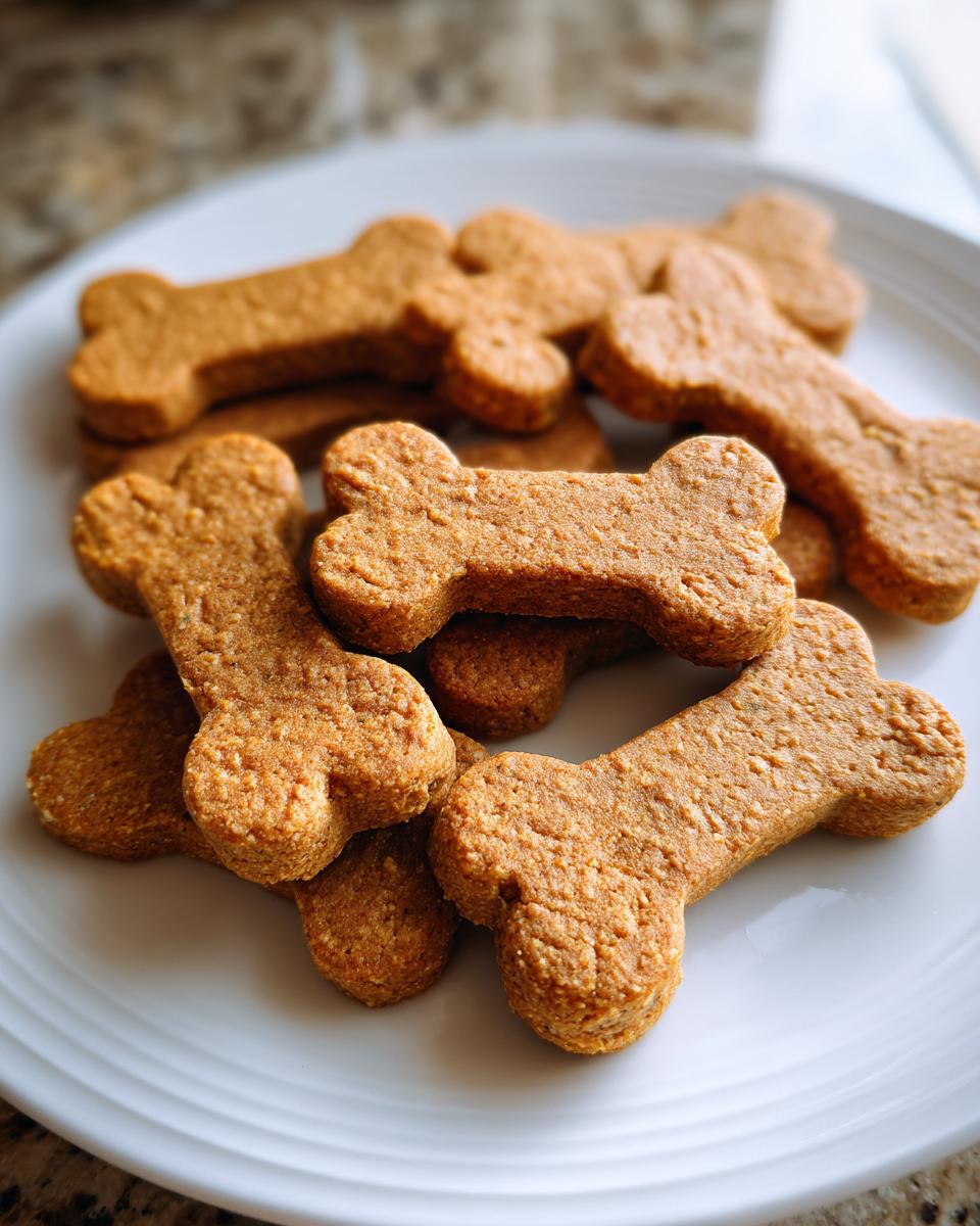 Bone-shaped Pumpkin Peanut Butter Cut-Out Dog Biscuits on a white plate.