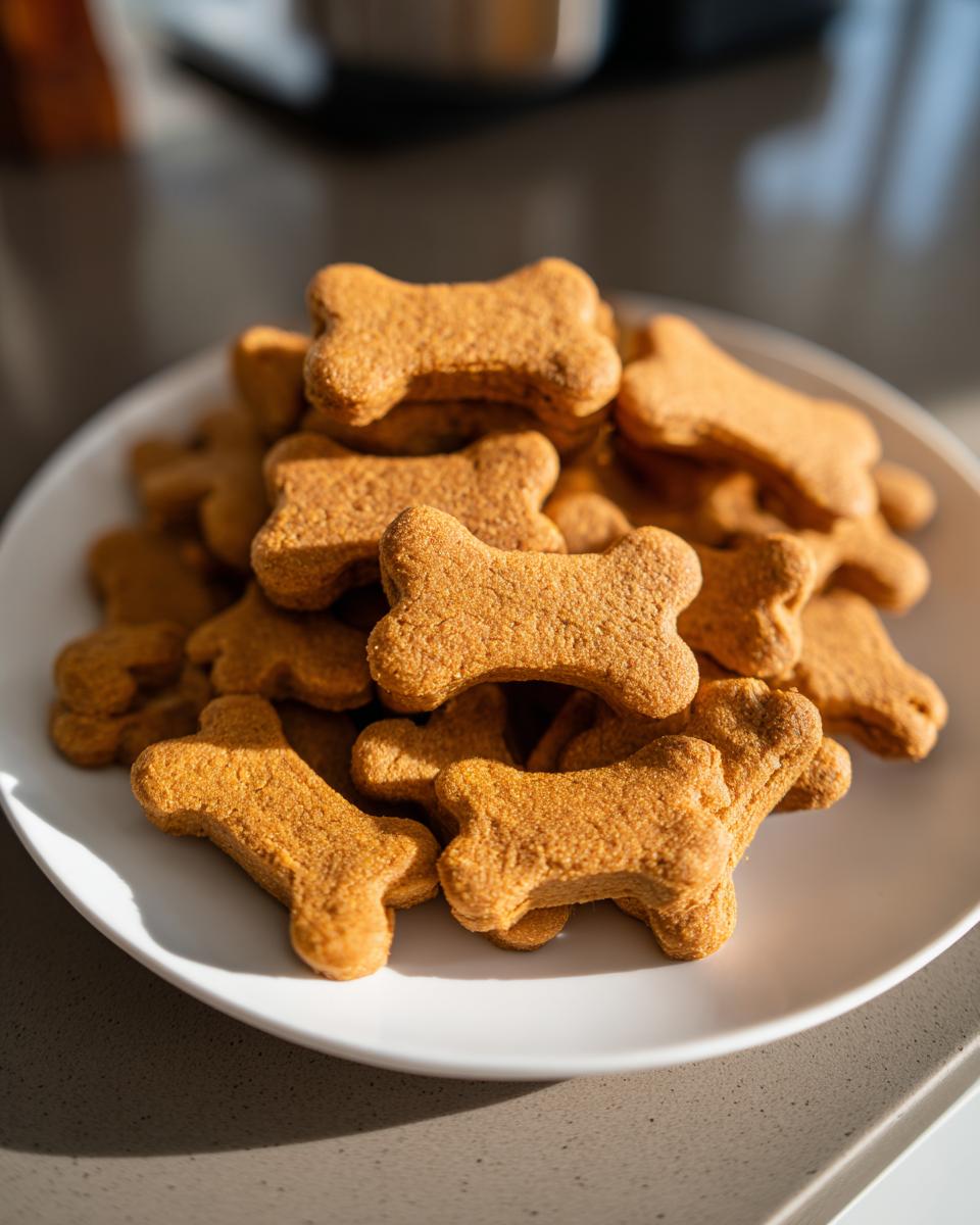 A white plate piled high with bone-shaped Pumpkin Peanut Butter Cut-Out Dog Biscuits.