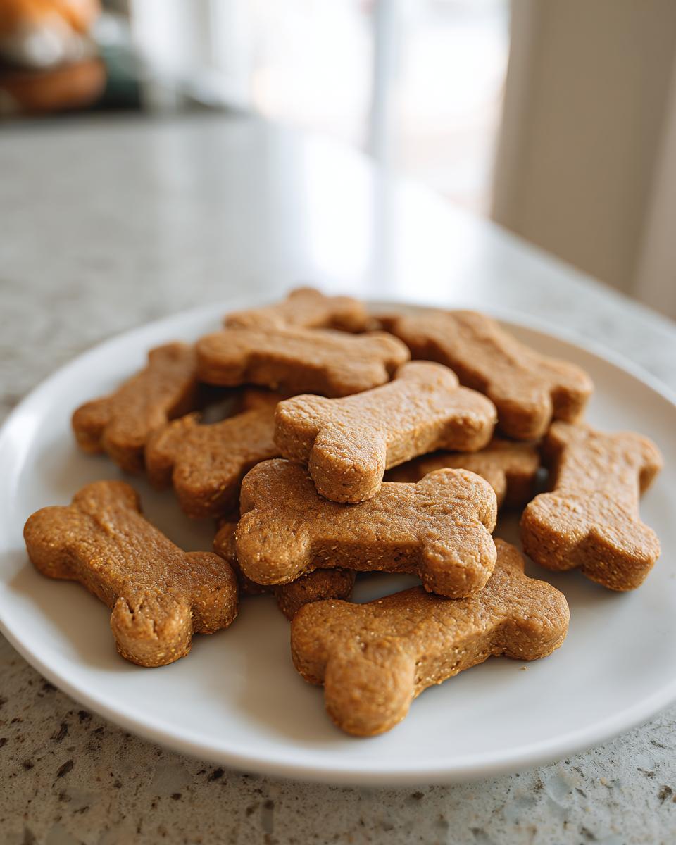 A plate piled high with bone-shaped Pumpkin Peanut Butter Cut-Out Dog Biscuits.