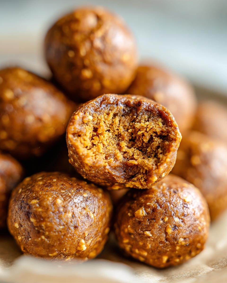 Close-up of a Pumpkin Peanut Butter Dog Energy Ball, showing the texture and ingredients.