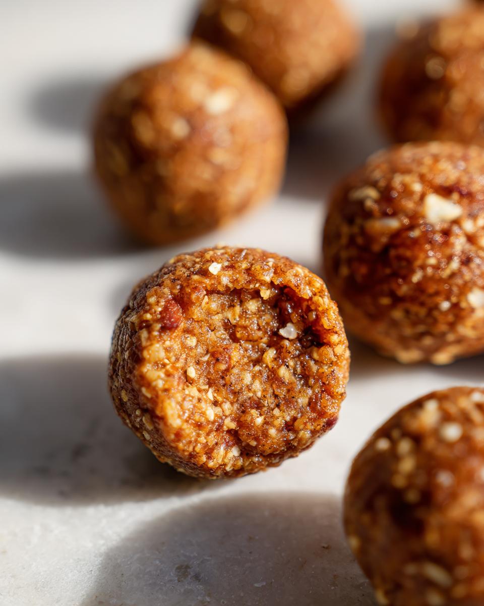 Close-up of several Pumpkin Peanut Butter Dog Energy Balls, showing texture and ingredients.