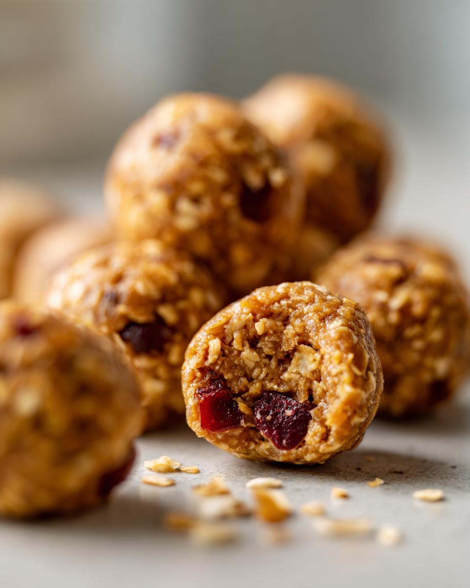 Close-up of a Pumpkin Peanut Butter Dog Energy Ball, showing texture and ingredients for dogs.