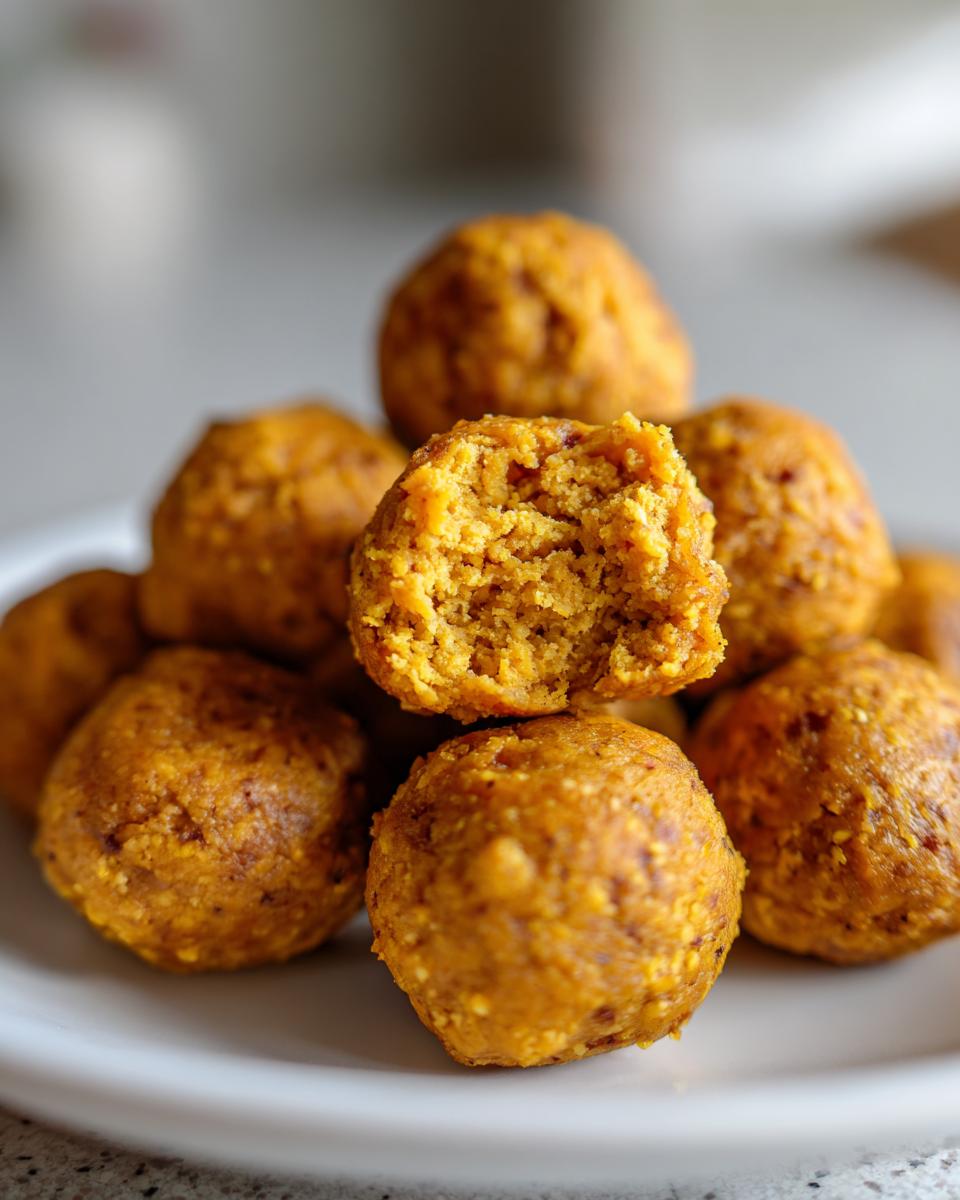 Close-up of a pile of Pumpkin Peanut Butter Dog Energy Balls, one bitten into, on a white plate.