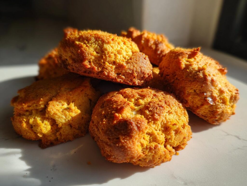 Pile of golden-brown Pumpkin Sweet Potato Dog Biscuits, perfect treats for your pup.