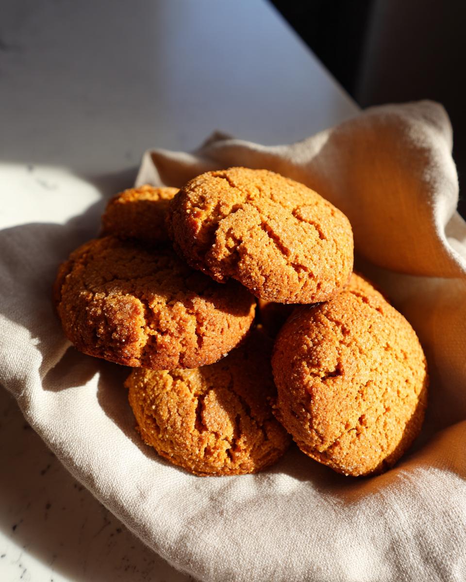 Pile of delicious Pumpkin Sweet Potato Dog Biscuits on a cloth napkin, perfect treats for your pup.