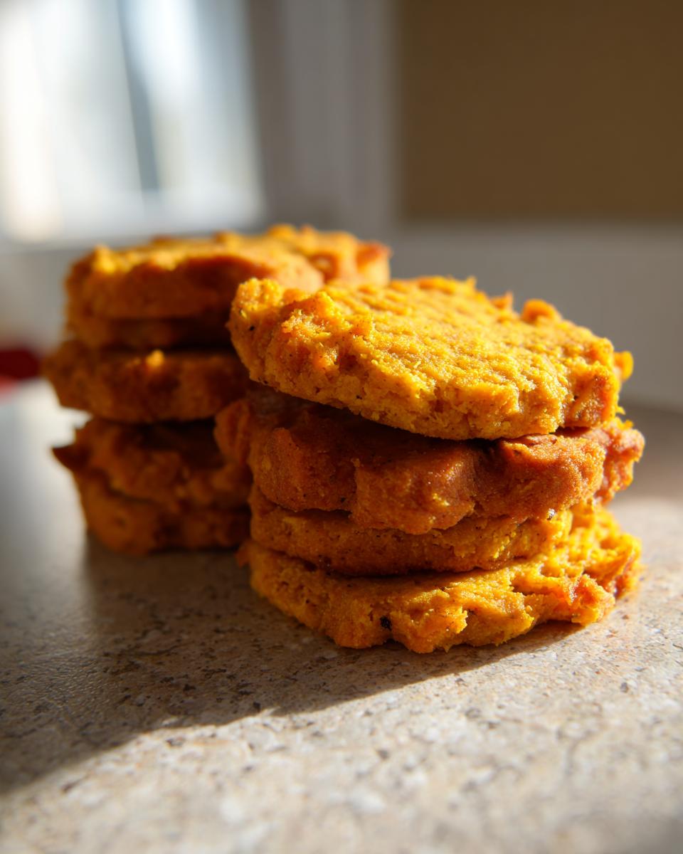Close-up of a stack of homemade Pumpkin Sweet Potato Dog Biscuits, a healthy treat for dogs.
