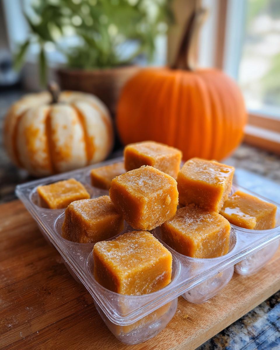 Close-up of frozen Pumpkin Yogurt Dog Treat Squares in a tray, with pumpkins in the background.
