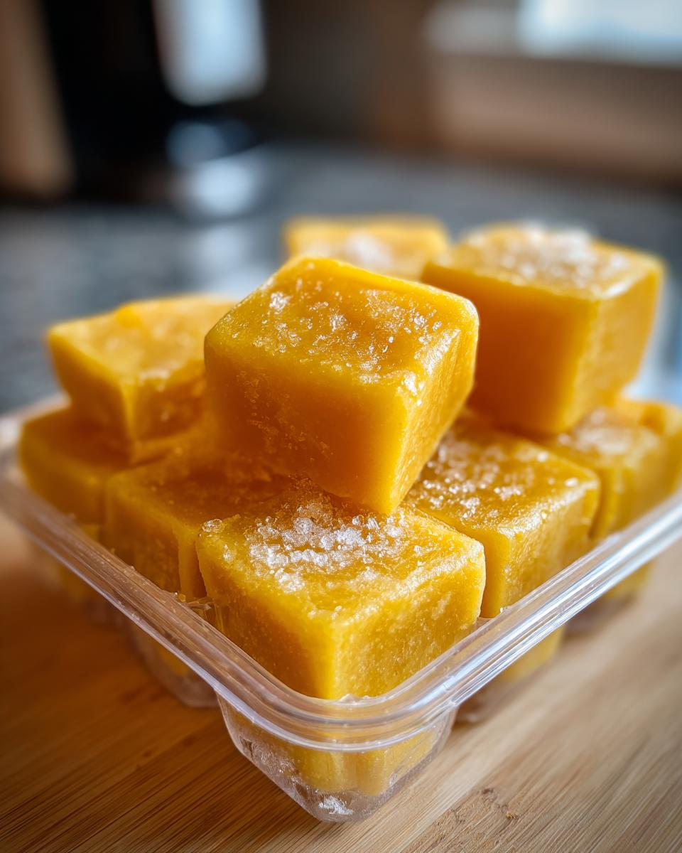 Close-up of frozen Pumpkin Yogurt Dog Treat Squares in a clear container.