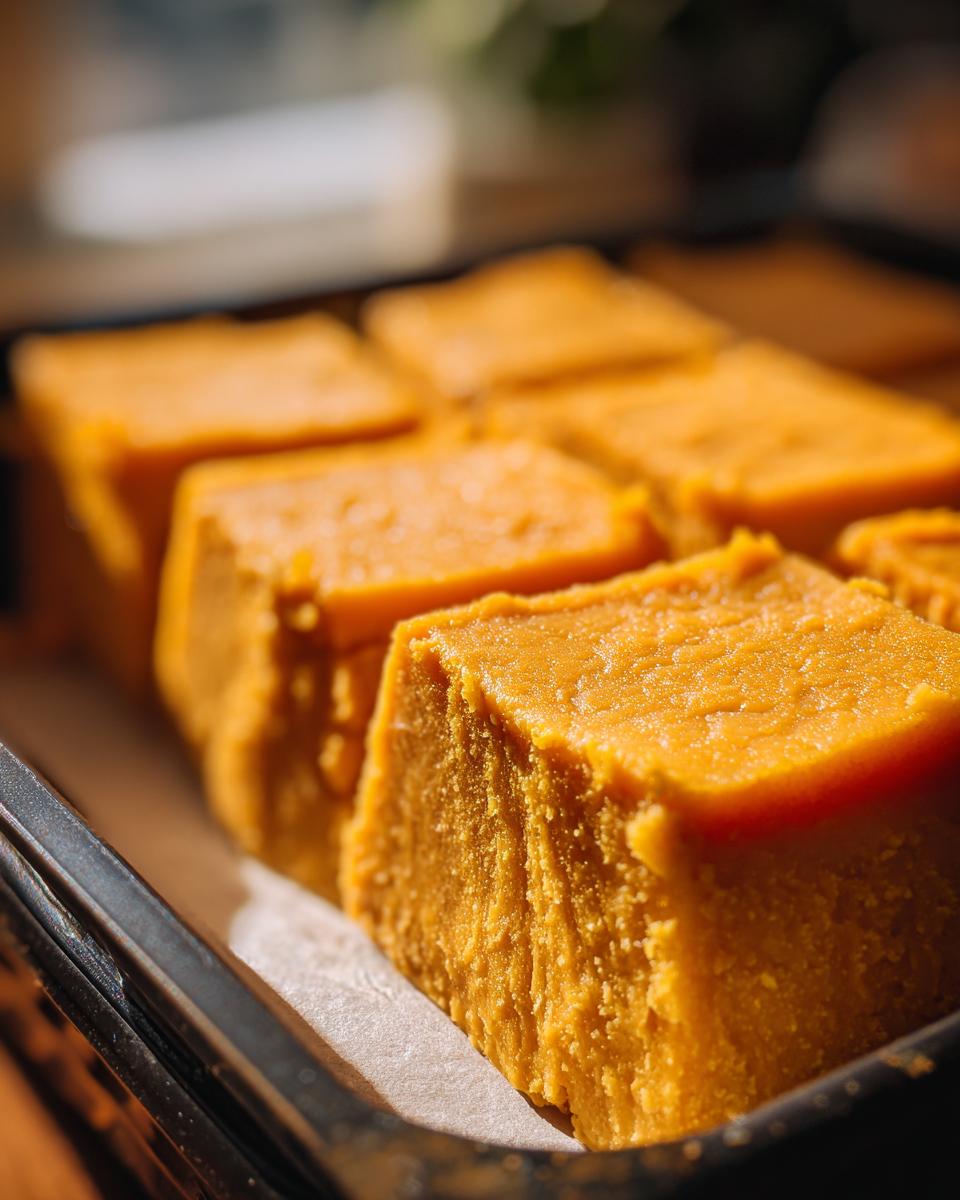 Close-up of frozen Pumpkin Yogurt Dog Treat Squares in a baking dish.
