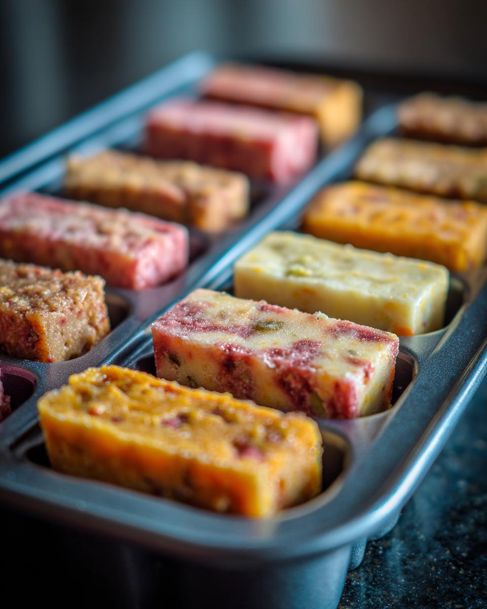 Close-up of a baking tray filled with colorful Pumpkin Yogurt Frozen Dog Treat Squares.
