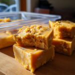 Close-up of several Pumpkin Yogurt Frozen Dog Treat Squares on a wooden surface, showing texture and color.