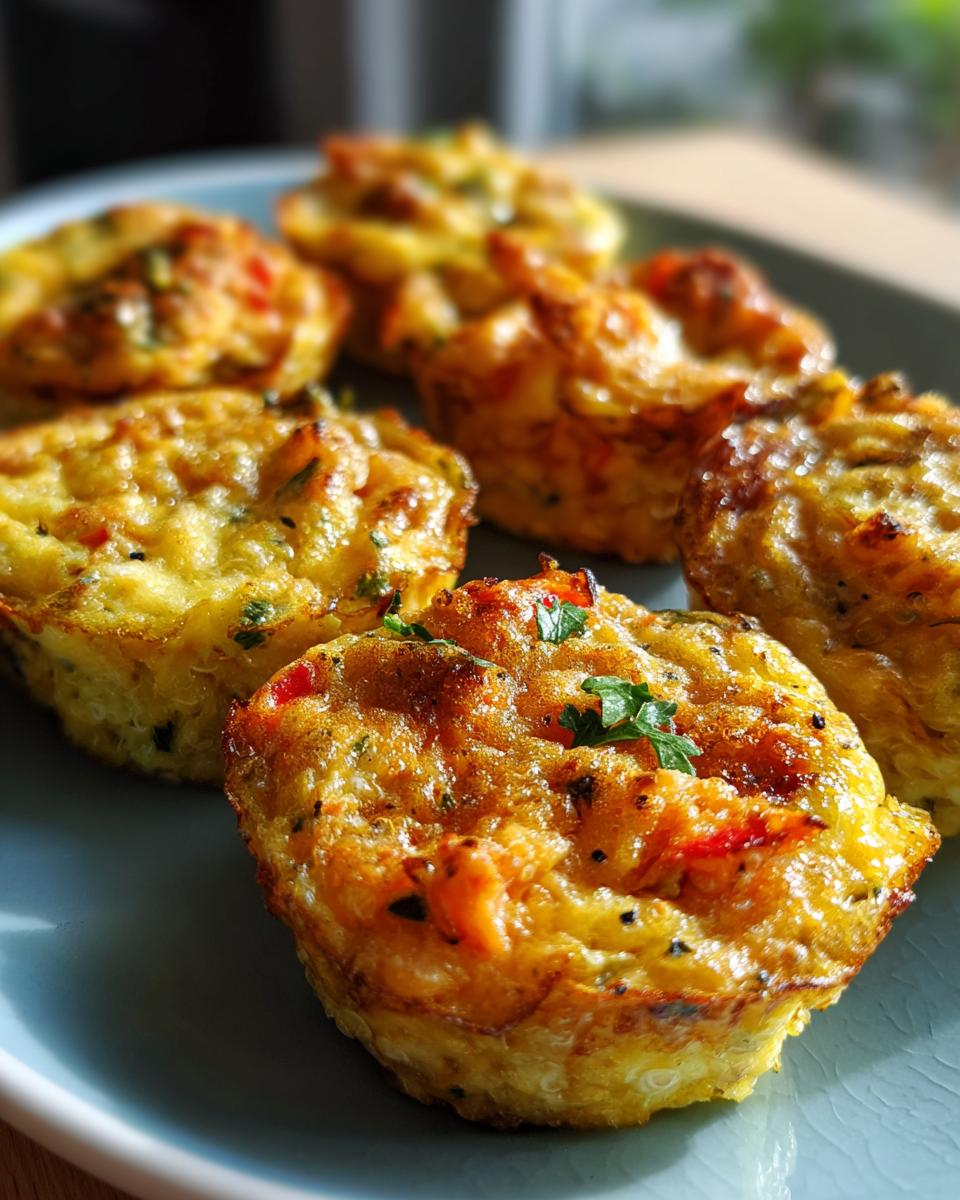 Close-up of several Salmon Egg Pup Mini Frittata Bites on a plate, golden brown and delicious.