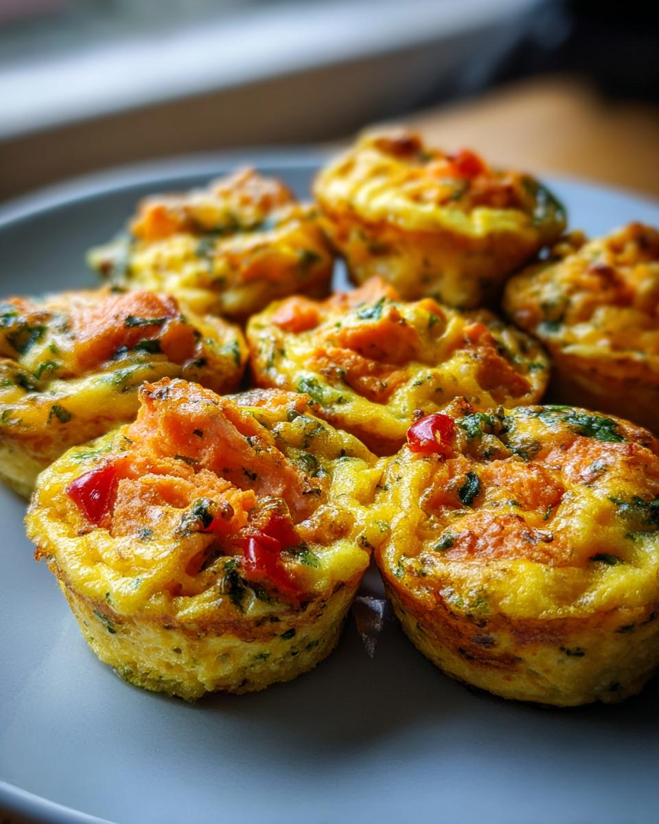 Close-up of several Salmon Egg Pup Mini Frittata Bites on a plate, showing the ingredients.
