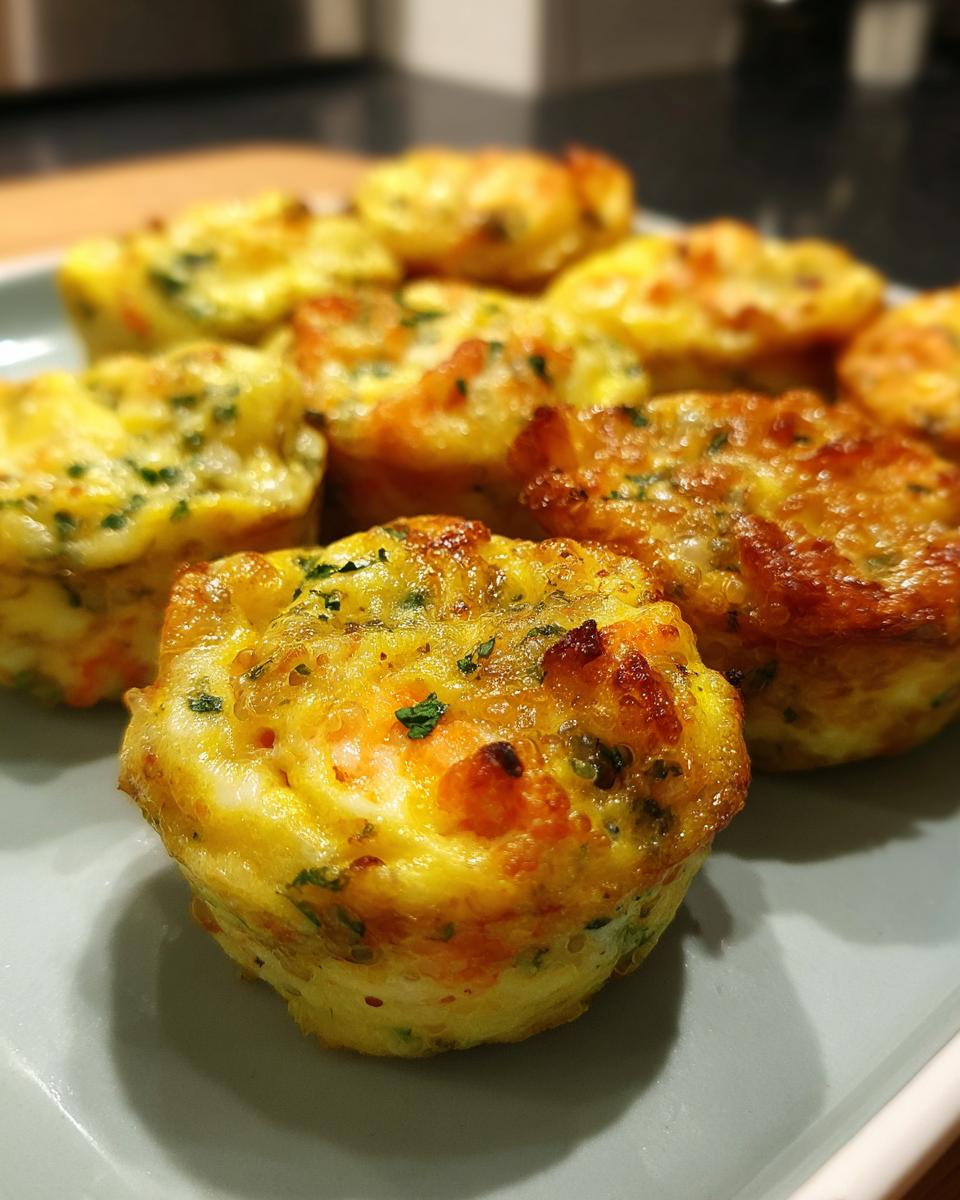 Close-up of several Salmon Egg Pup Mini Frittata Bites on a plate, golden brown and ready to eat.