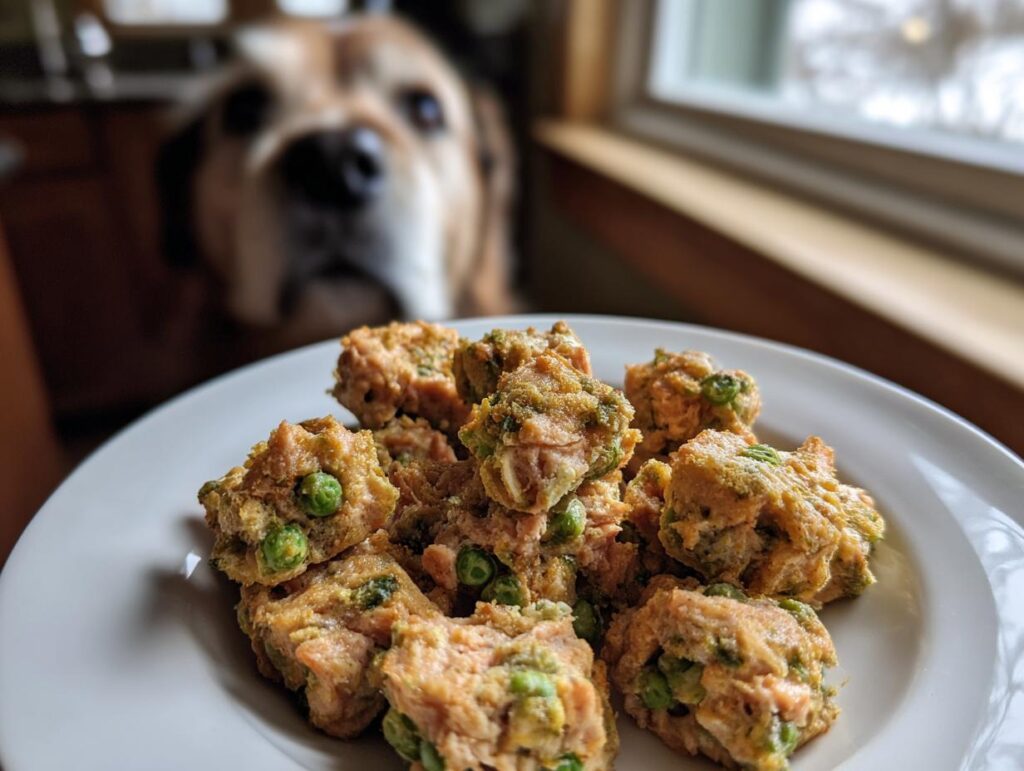 Close-up of a plate of Salmon & Pea Homemade Dog Nuggets with a dog in the background.