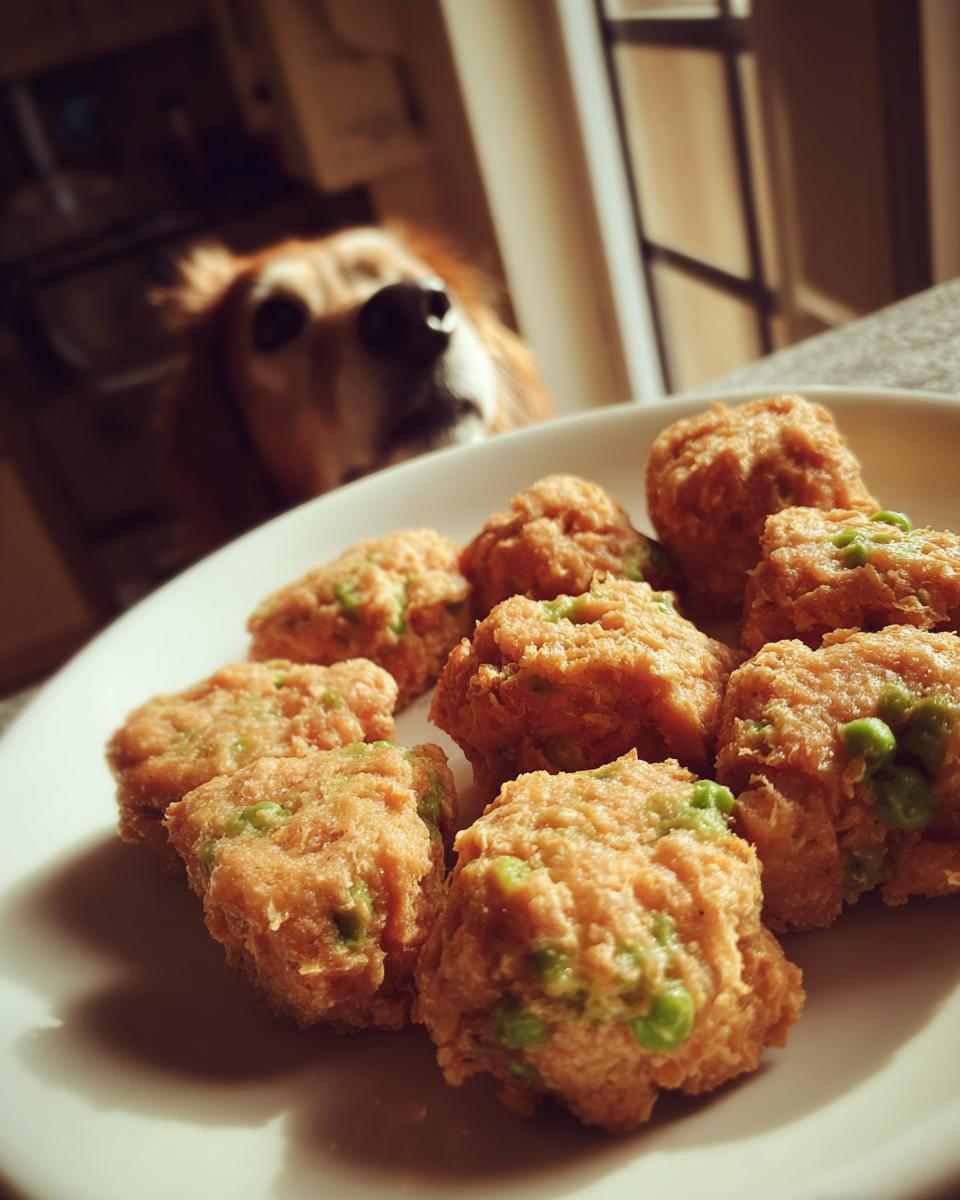 A plate of homemade Salmon & Pea Dog Nuggets with a dog looking at them.