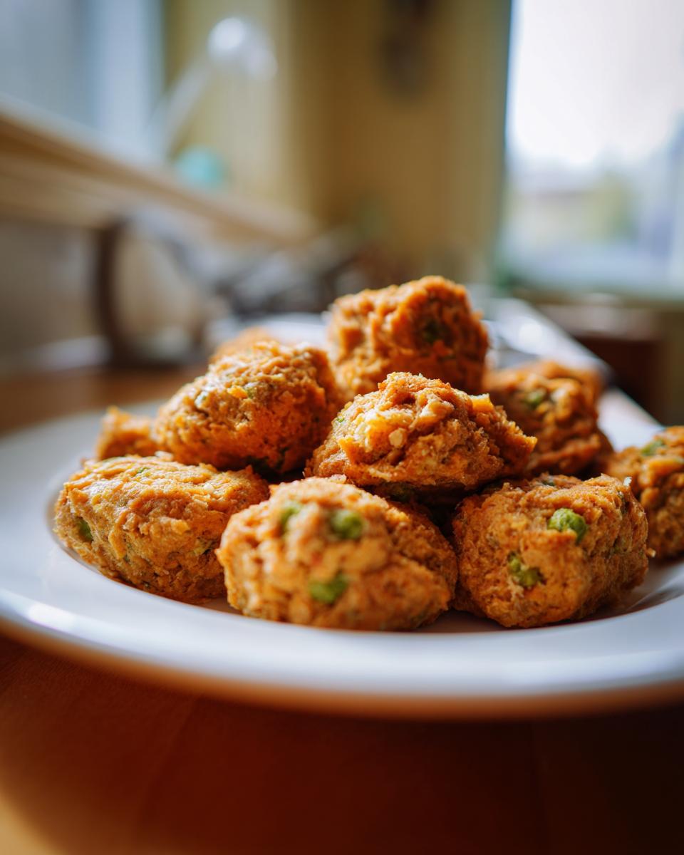 A plate piled high with homemade Salmon & Pea Dog Nuggets, a healthy treat for dogs.