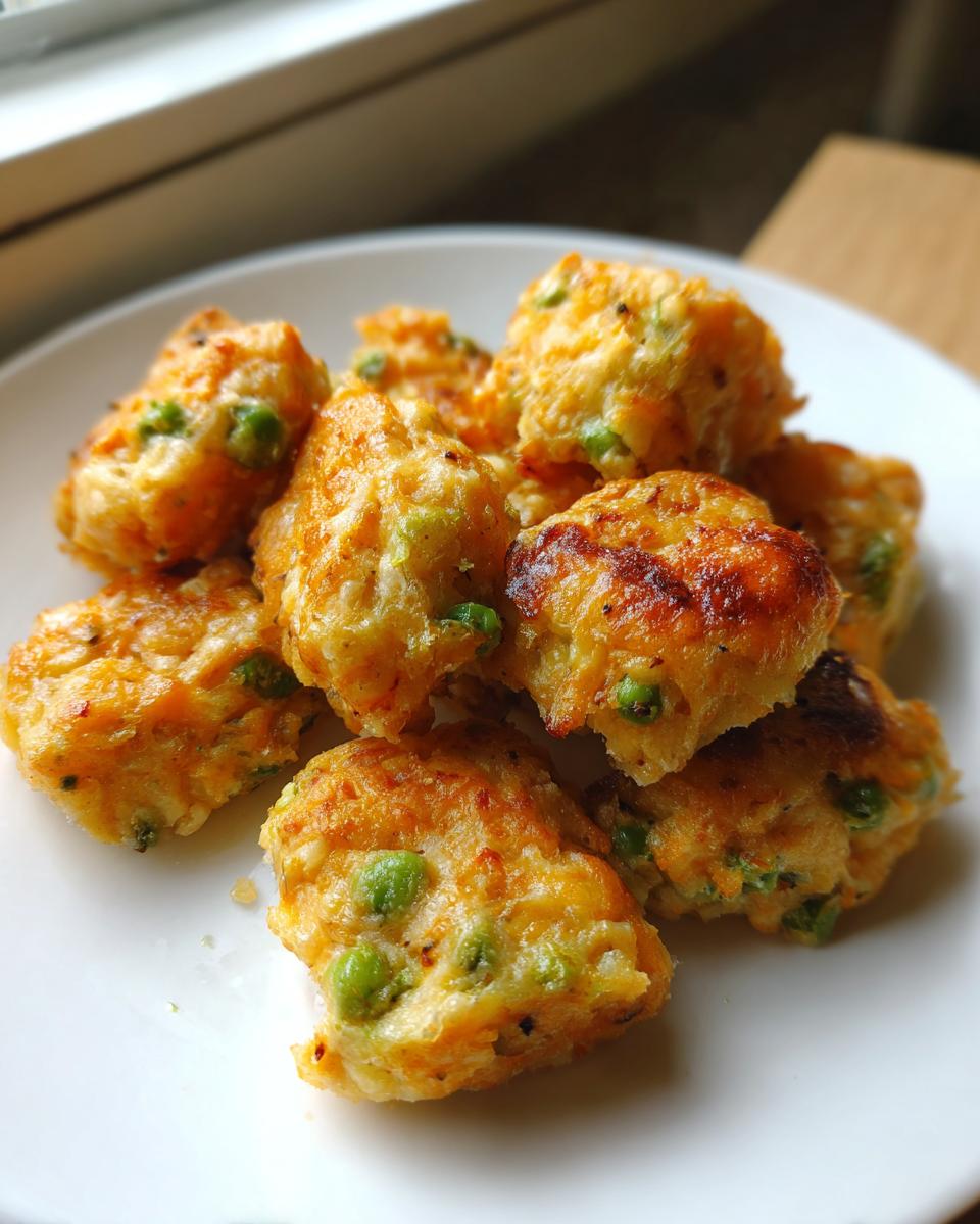 Close-up of homemade Salmon & Pea Dog Nuggets, golden brown and delicious, on a white plate.