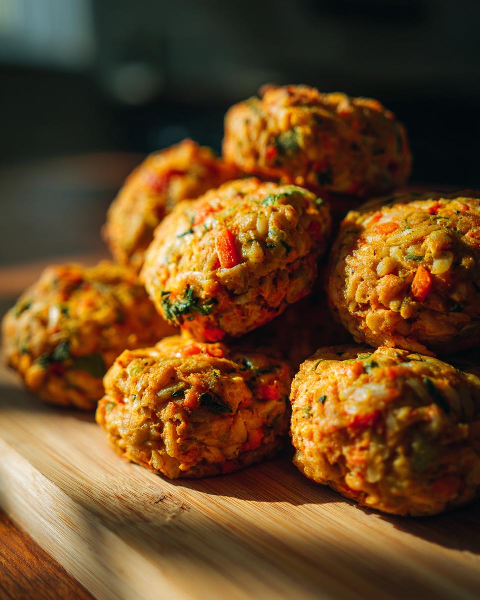 Pile of delicious Salmon & Rice Mini Dog Cakes on a wooden board, ready to be enjoyed.