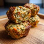 Close-up of stacked Salmon & Rice Mini Dog Cakes on a wooden surface, showing the ingredients.
