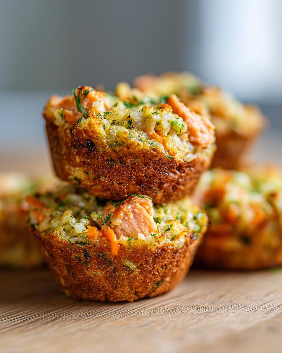 Close-up of stacked Salmon & Rice Mini Dog Cakes, showing salmon, rice, and herbs.