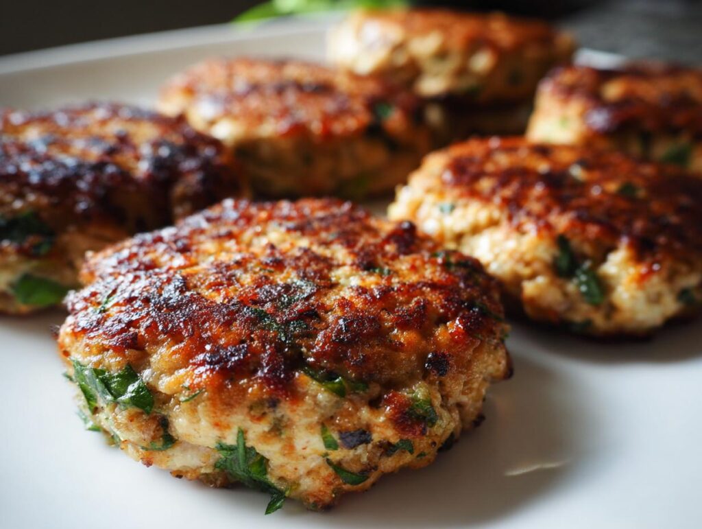 Close-up of cooked Salmon Spinach Dog Patties on a white plate, perfect for dinner.