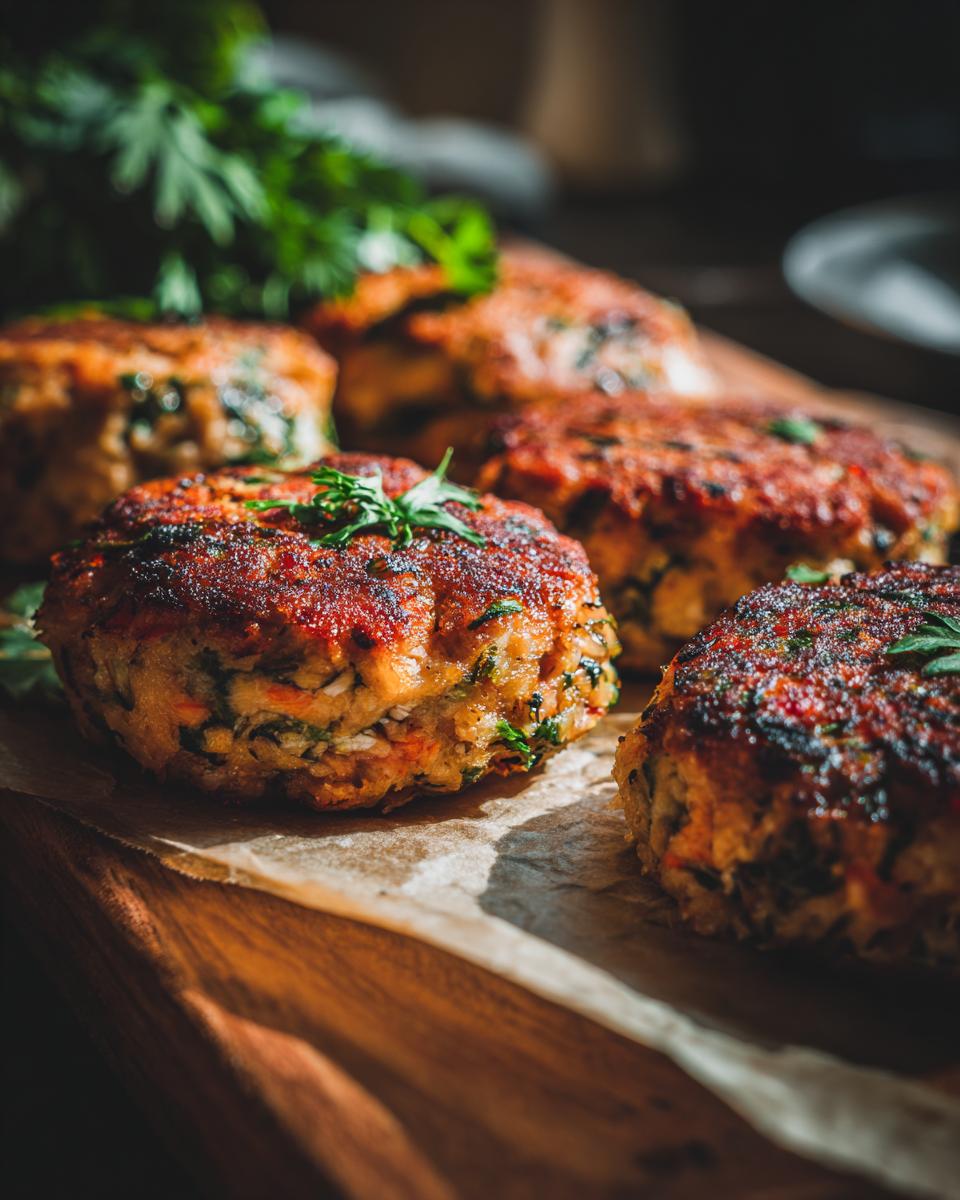 Close-up of cooked Salmon Spinach Dog Patties on parchment paper, ready for dinner.