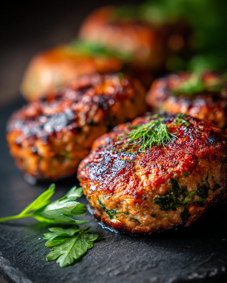 Close-up of cooked Salmon Spinach Dog Patties, showing texture and herbs for a healthy dog dinner.