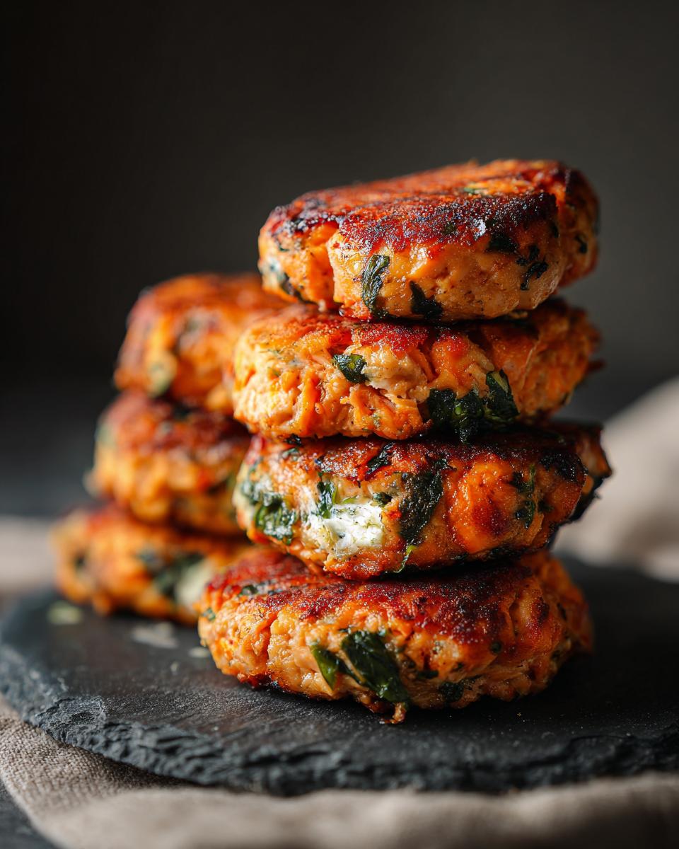 Close-up of a stack of homemade Salmon Spinach Dog Patties, a healthy dinner option for dogs.