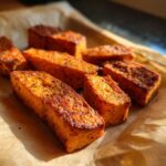 Close-up of baked Salmon Sweet Potato Dog Treats on parchment paper, perfect for your pup.