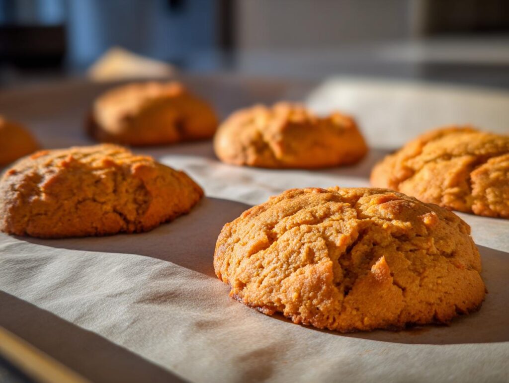 Close-up of freshly baked Salmon Sweet Potato Dog Treats on parchment paper.