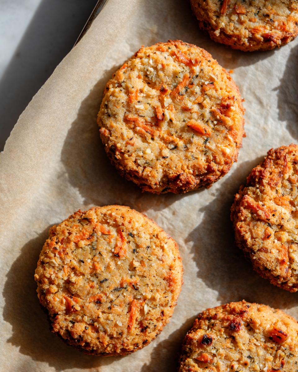 Overhead shot of freshly baked Salmon Sweet Potato Dog Treats on parchment paper.