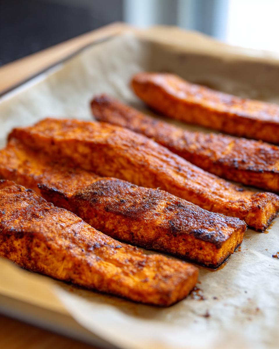 Close-up of baked Salmon Sweet Potato Dog Treats on parchment paper.