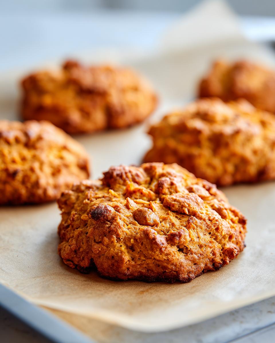 Close-up of freshly baked Salmon Sweet Potato Dog Treats on parchment paper.