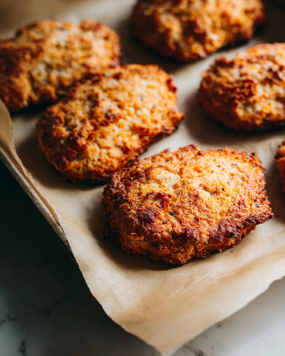 Close-up of baked Salmon Sweet Potato Dog Treats on a baking sheet.