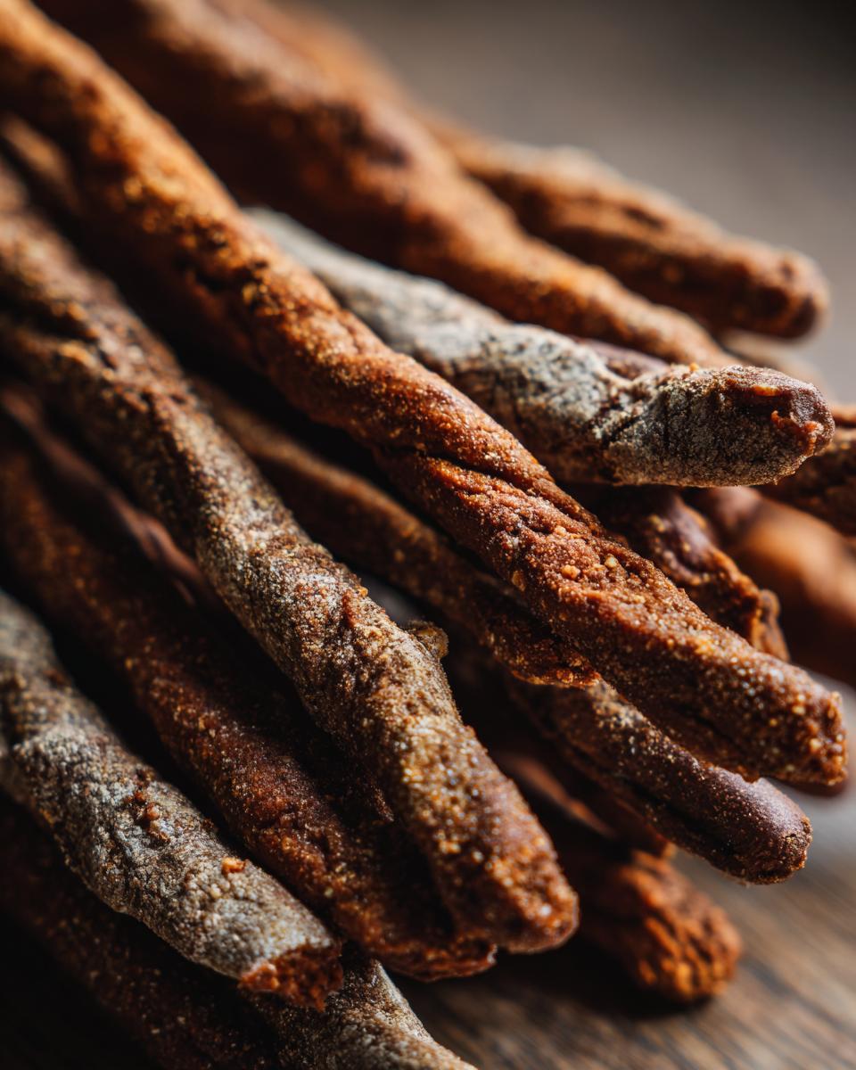 Close-up of a pile of savory beef training sticks for dogs, showing texture and detail.