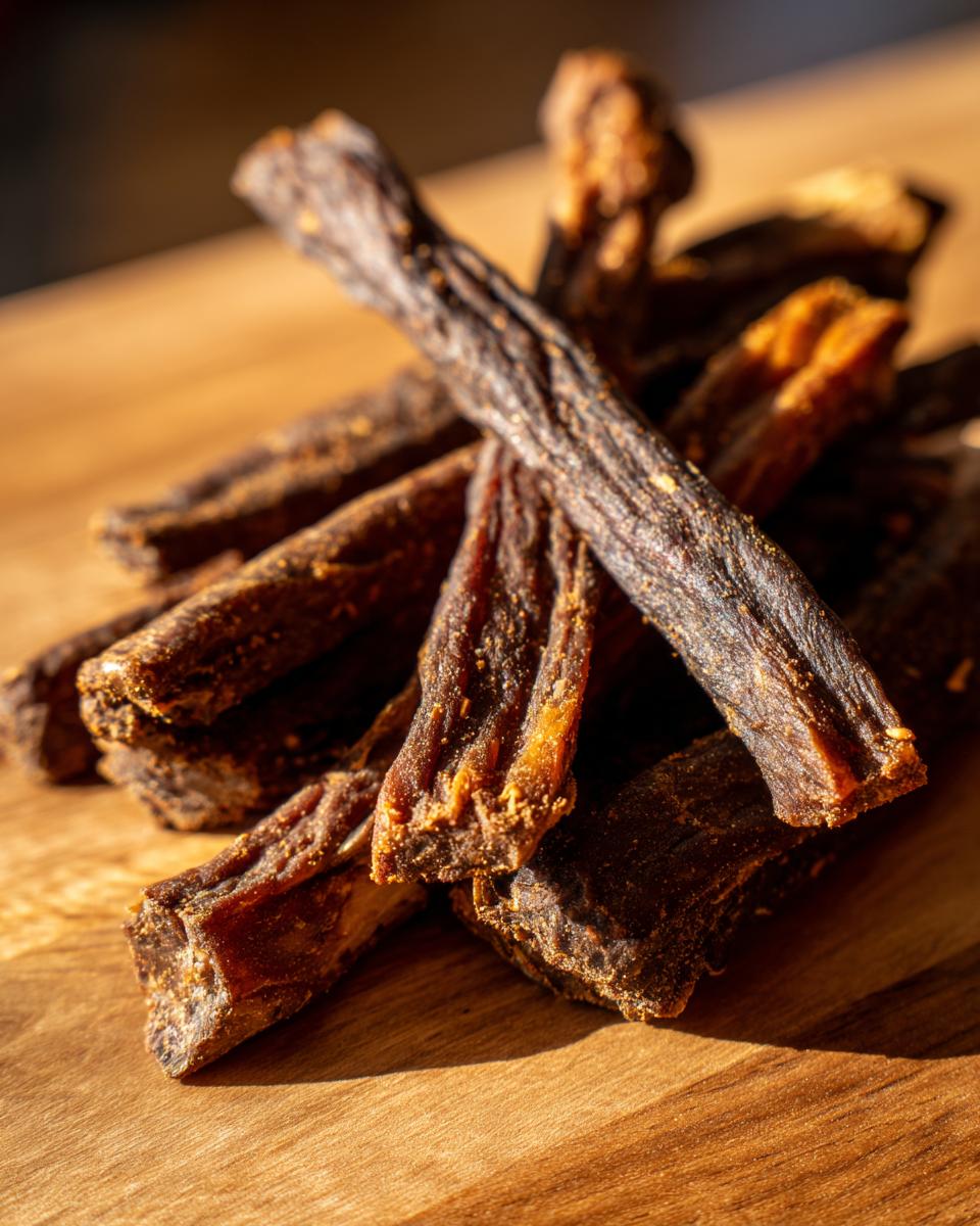 Close-up of a pile of savory beef training sticks for dogs on a wooden surface.