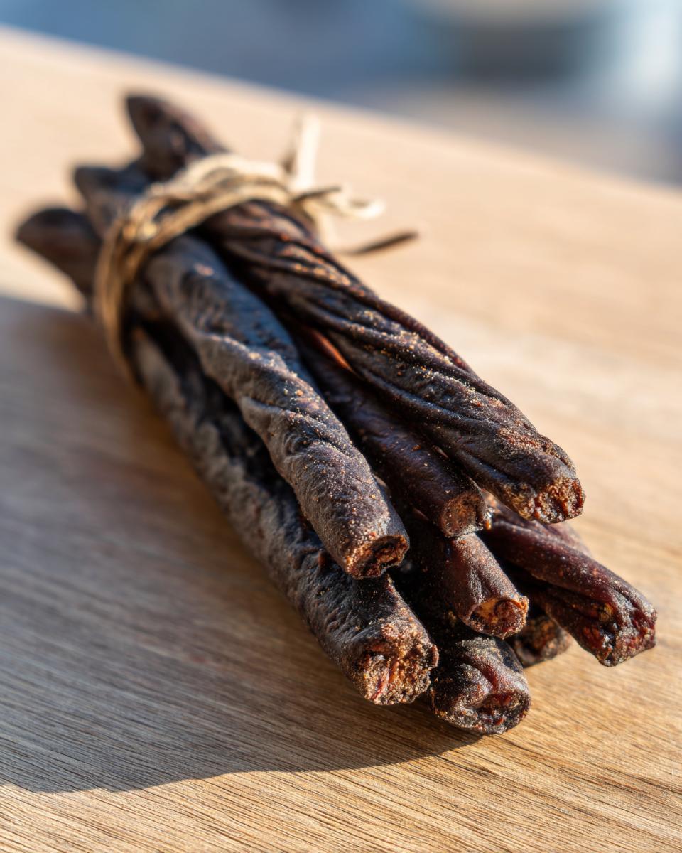 Close-up of a bundle of Savory Beef Training Sticks for Dogs tied with twine on a wooden surface.