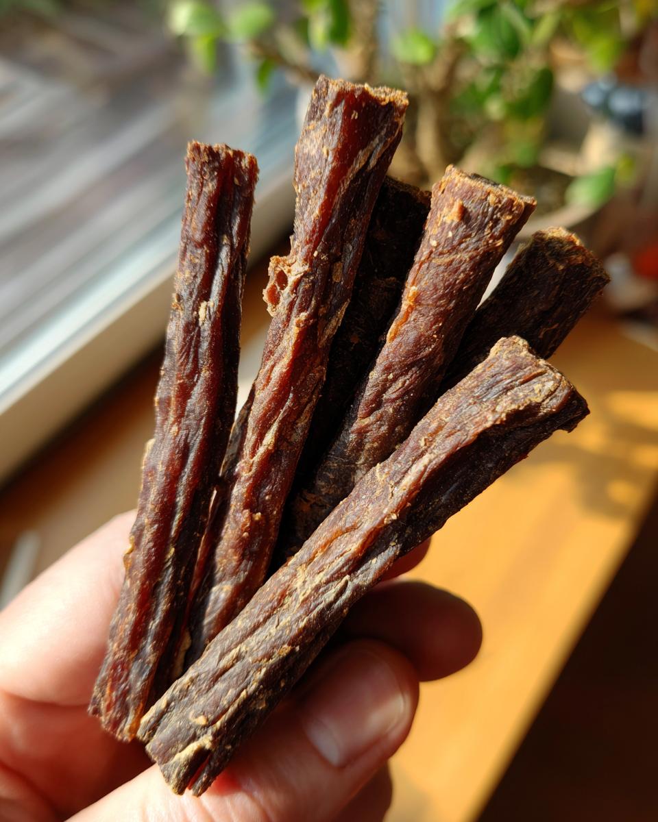 Close-up of a handful of Savory Beef Training Sticks for Dogs, showing texture and detail.