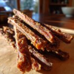 Close-up of a pile of homemade Savory Beef Training Sticks for Dogs on a wooden surface.