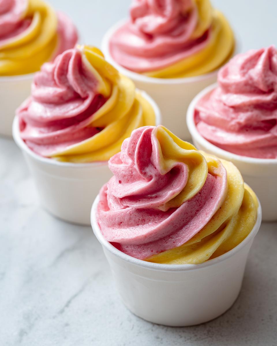 Close-up of swirled Strawberry Banana Frozen Yogurt Dog Cups in white cups.
