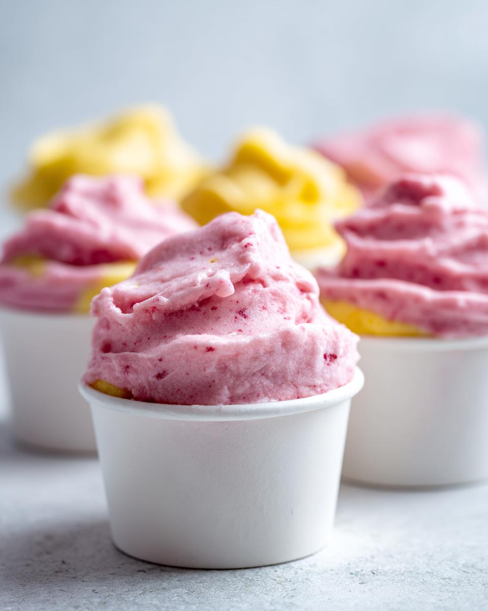 Close-up of strawberry banana frozen yogurt dog cups in white paper cups, a tasty treat.