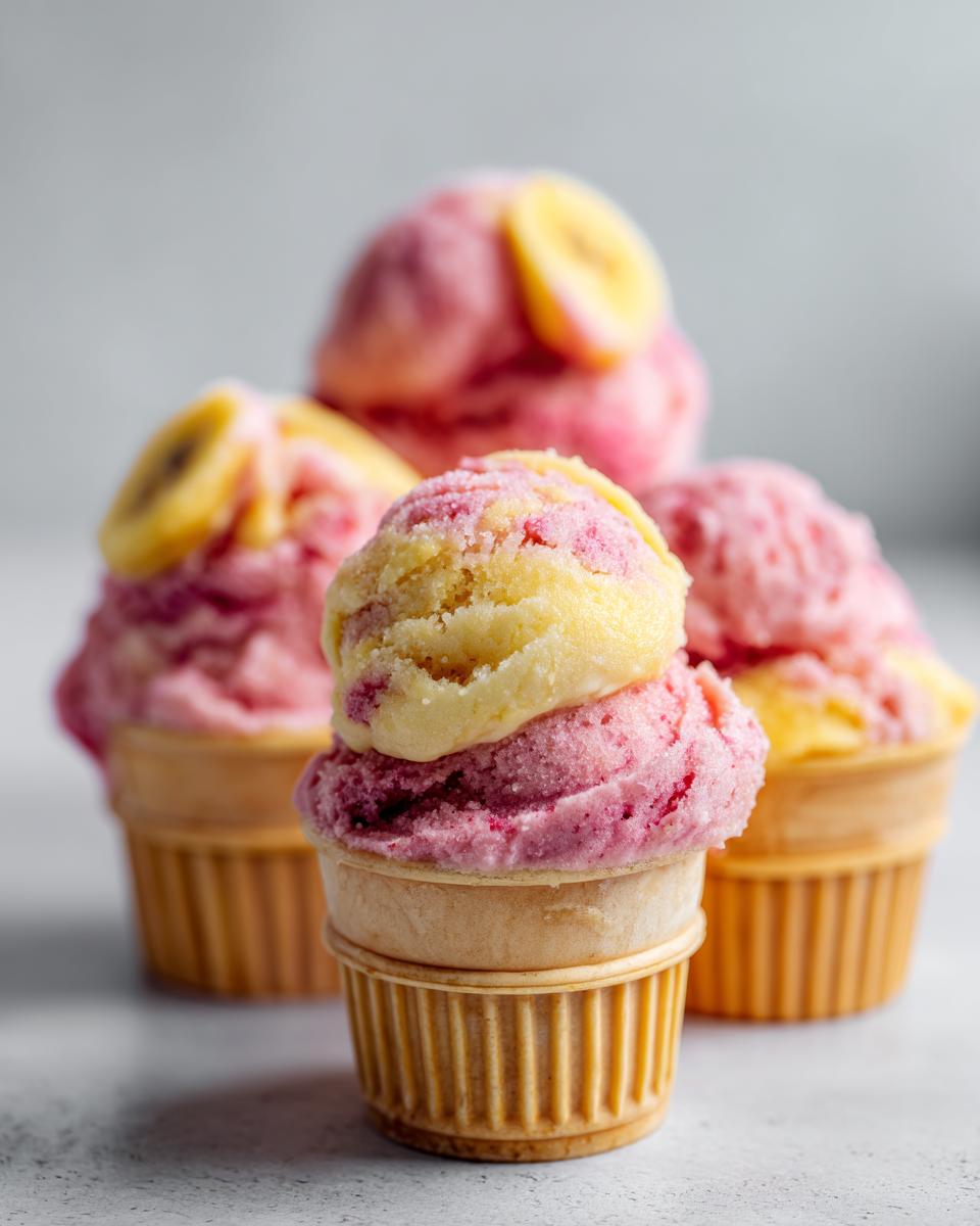 Close-up of Strawberry Banana Frozen Yogurt Dog Cups in waffle cones, perfect for a dog treat.