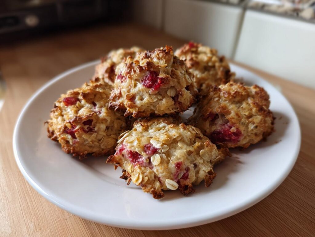 Pile of homemade Strawberry Banana Oat Dog Treats on a white plate, ready to be enjoyed.