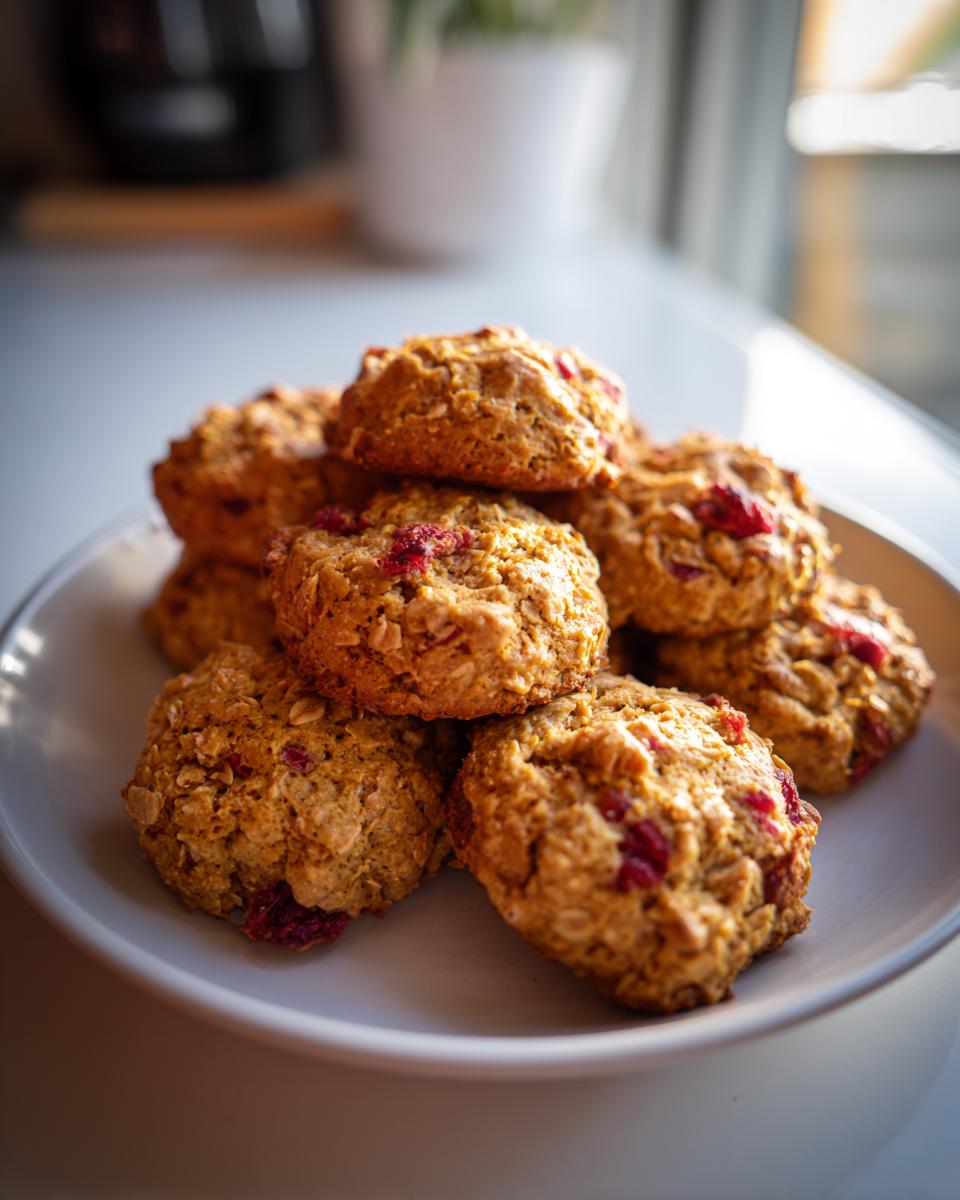 Close-up of a pile of delicious Strawberry Banana Oat Dog Treats on a white plate.