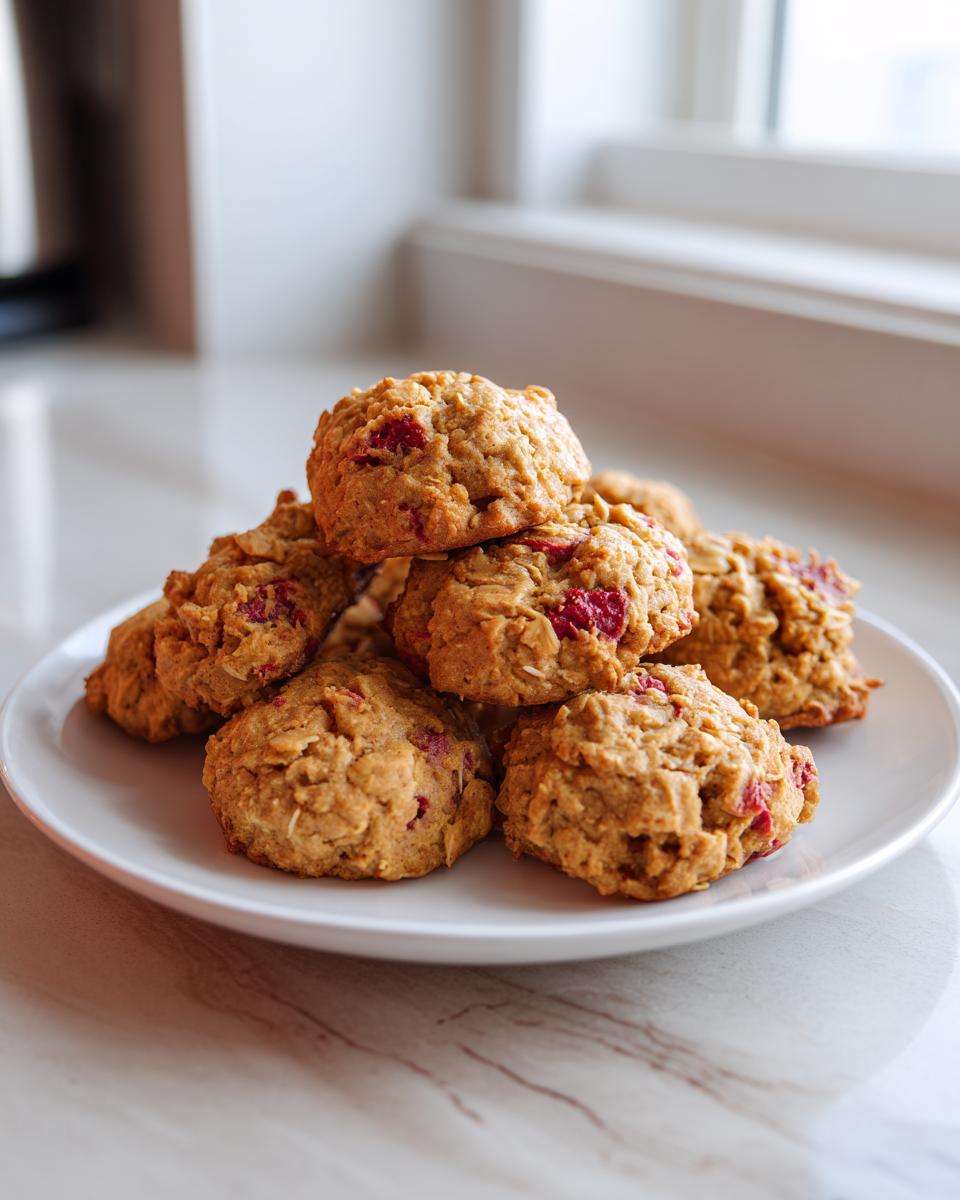 Pile of homemade Strawberry Banana Oat Dog Treats on a white plate, ready for your pup.