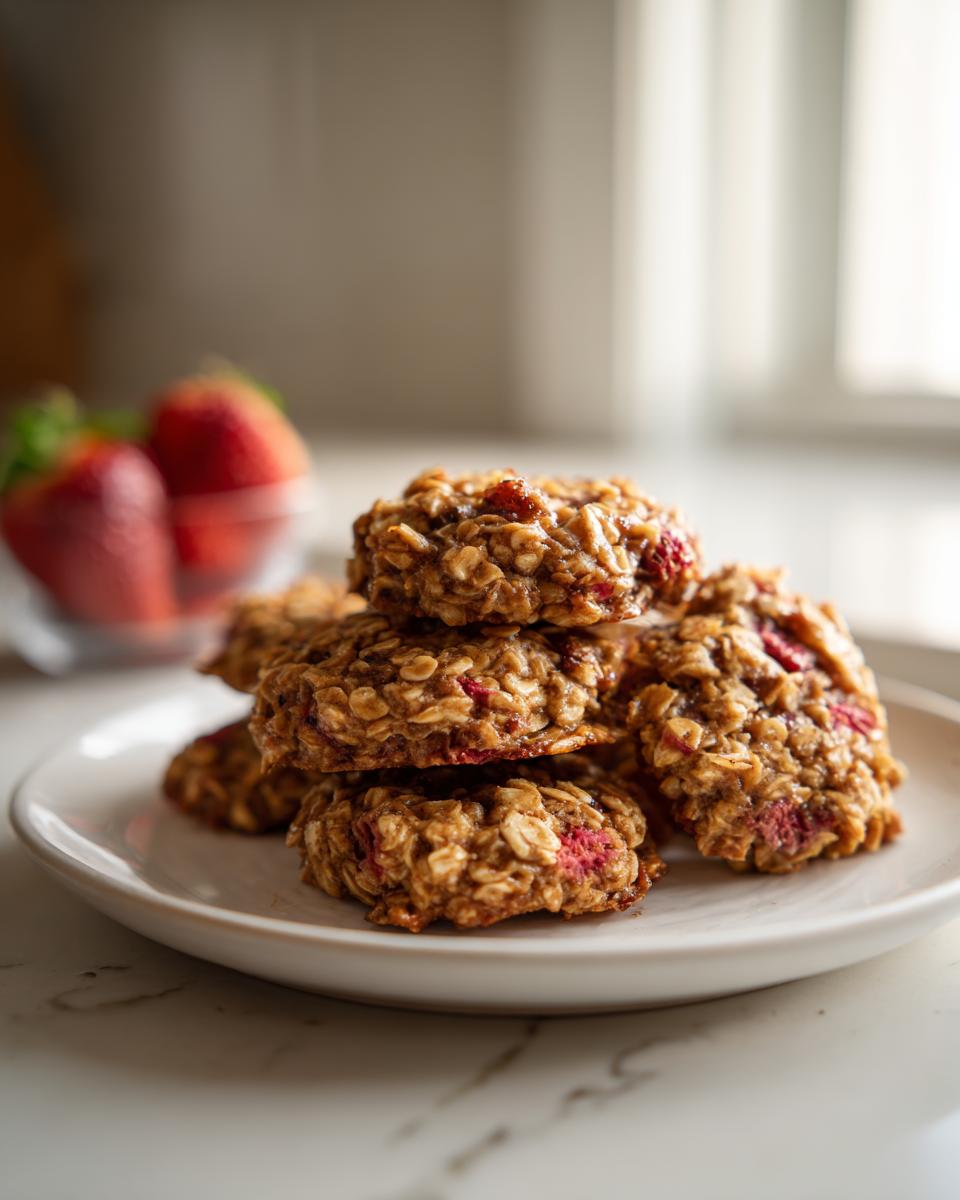 Pile of homemade Strawberry Banana Oat Dog Treats on a white plate, with strawberries in the background.