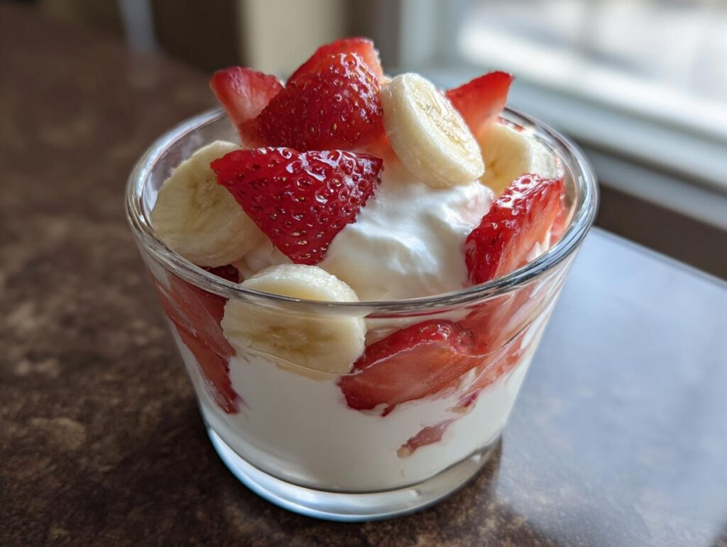 Close-up of a Strawberry Banana Pup Parfait with plain yogurt, strawberries, and banana slices.