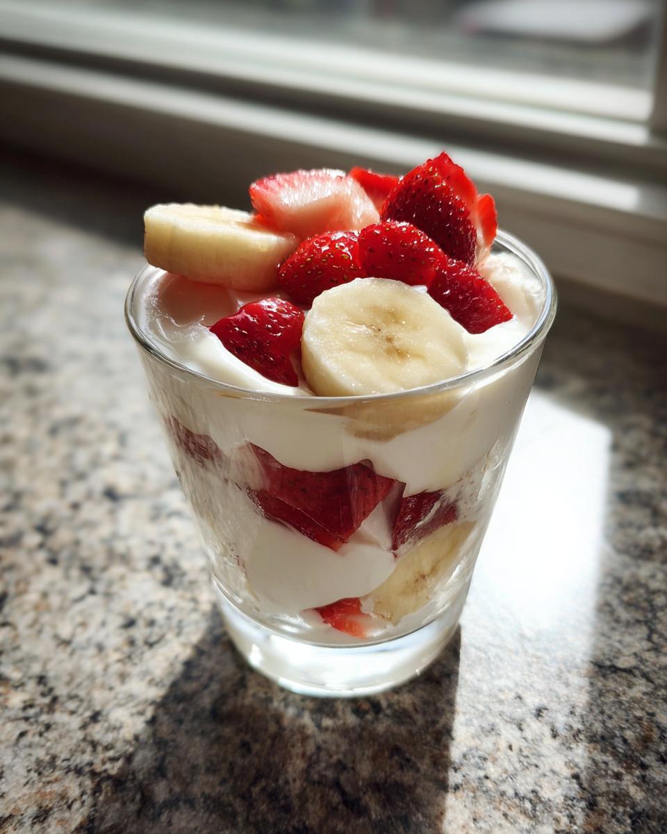 A layered Strawberry Banana Pup Parfait with plain yogurt, strawberries, and bananas in a glass.